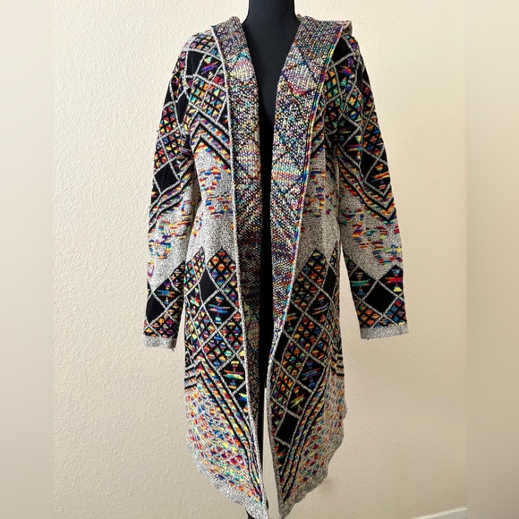 Pinkalicious Sweaters - Rainbow Geometric Southwest Knit Open Cardigan 2X Crocheted Hooded Long Sweater